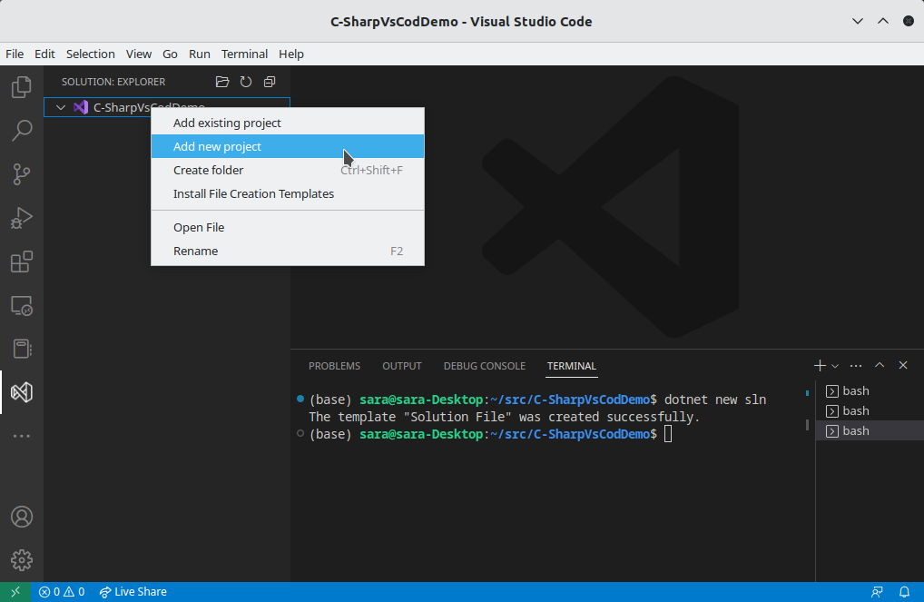 Vs-Code add new project to c# solution