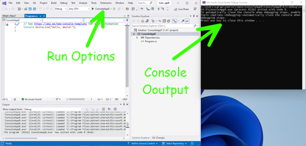 Visual Studio Showing the run button and the output console - C# Beginners - Start Coding